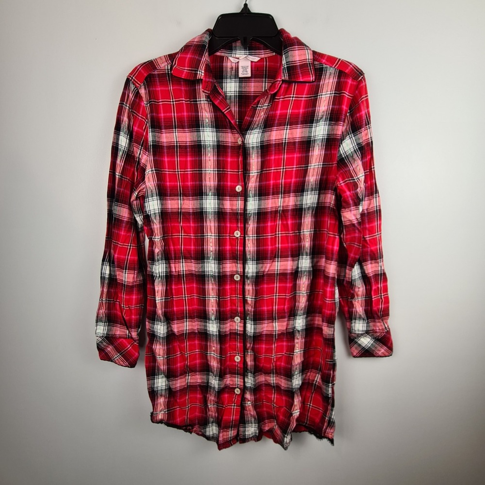 Victoria's Secret Red Plaid Lace Trim Button Down Sleep‎ Shirt XS Pajama Top